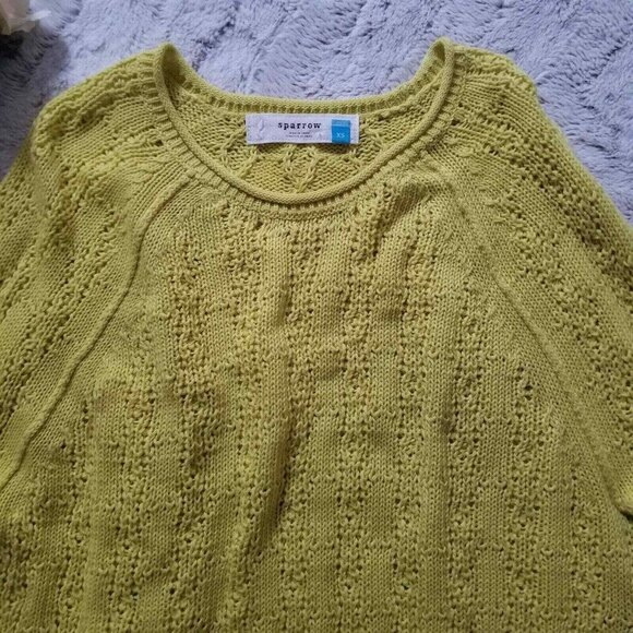 Anthro Sparrow 100% Cotton Yellow 3/4 Sleeve Cable Knit Crew Neck Sweater Sz XS - Picture 6 of 10
